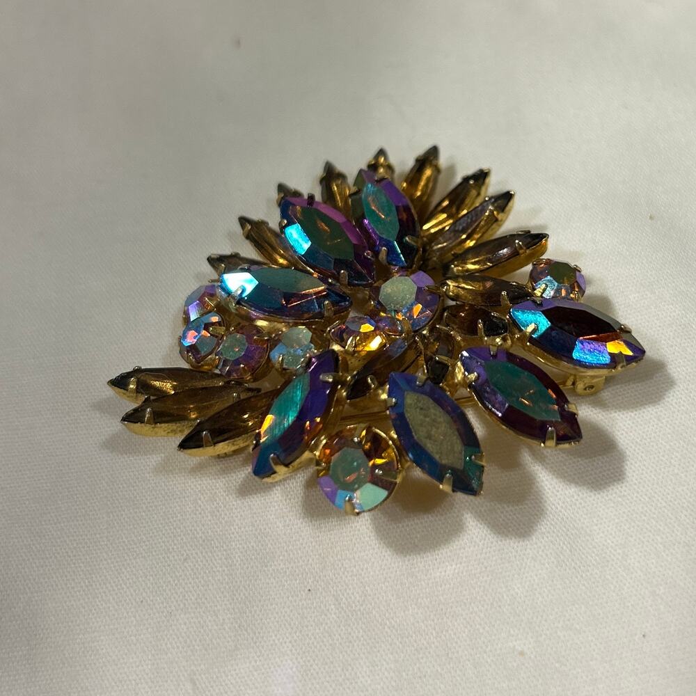 Vintage Weiss AB Aurora Borealis Rhinestone Brooch Gold Tone Floral Signed